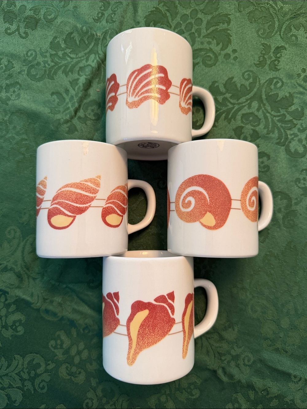 Ceramic Seashell Mugs - Set of 4, White with Rust Shell Design